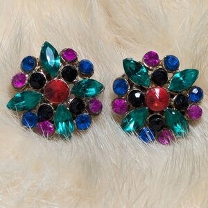 Vintage 1" Earrings rhinestone clasp jewel tones floral shape